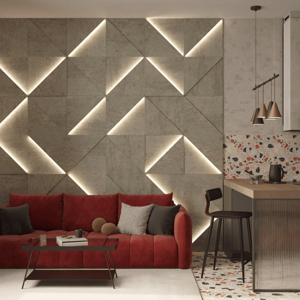 Модульная стеновая 3D панель с LED подсветкой БЕТОН БЕЖ / PRIZMA